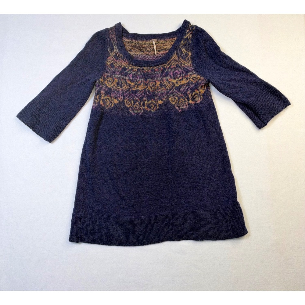 Free People Navy Blue Floral Intarsia Knit Mini Dress Tunic Cotton Alpaca Large
